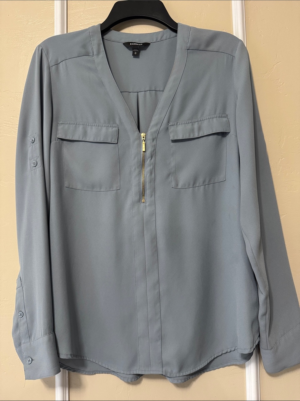 Express Men’s Slate Blue Zip-Front Long Sleeve Shirt - Steel Blue